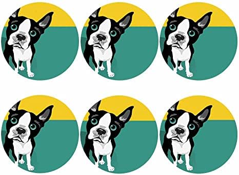 Ибилиу Бостон Териер Подлоги за Пијалоци,Сет од 6 Кожен Подлога, Каваи Црно Куче Слатко Кученце Зелено Жолто Тркалезно Пијте Подлоги За
