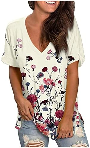 Женски печатени летни летни врвови кратки ракави против вратот лабава маица лесна удобна летна блуза за туника