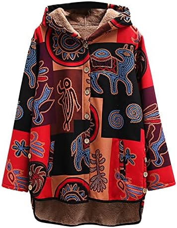 Женски гроздобер јакни палта Етнички стил печати надворешна облека руно наредена топла лабава зима плус големина џемпери