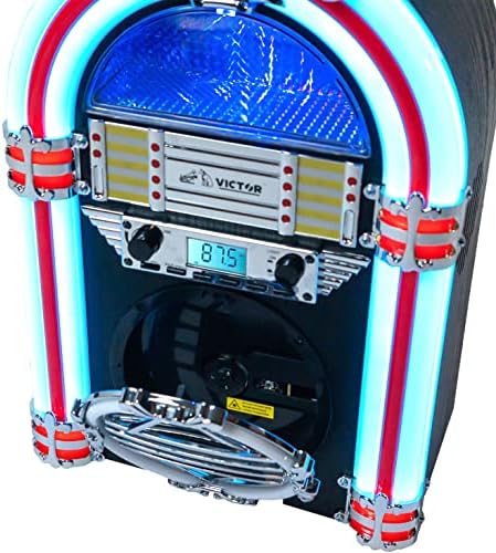 Виктор Бродвеј Десктоп Bluetooth Jukebox со CD плеер, FM радио, вградени стерео звучници и LED осветлување во боја, црно