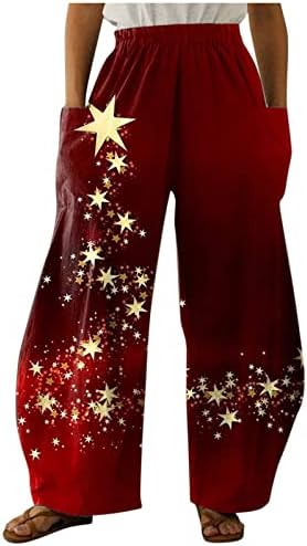 Rongxi Womenените модни пантолони лабави Божиќни печати Големи џебови Обични дното Панталони широко-нозе зимски дното