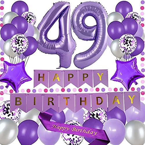 Јуџијасамо 49 Ти Роденден Украси За Забави Виолетова Среќен Роденден Банер За Хартија Виолетова 40 инчен Број 49 Среќен роденден Појас Латекс