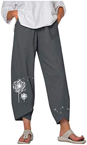 Ethенски женски каприци хеланки со широко нозе со високи половини еластични панталони со постелнина со џебови лабави панталони за жени лето