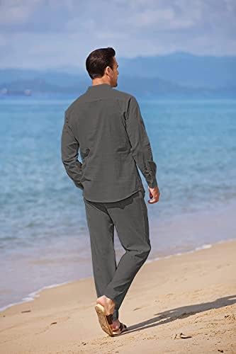 Коофанди Постелнина сетови за мажи 2 парчиња копче надолу со кошула со долги ракави и обични панталони за половината на плажа, летни облеки