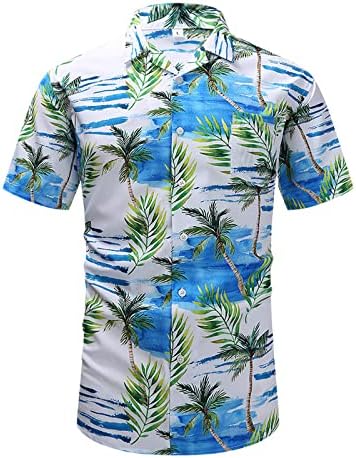 Машки цветни кошула со кратки ракави, случајно цветно копче за цветно печатење надолу на хавајската кошула, лесна лапава блуза врвови