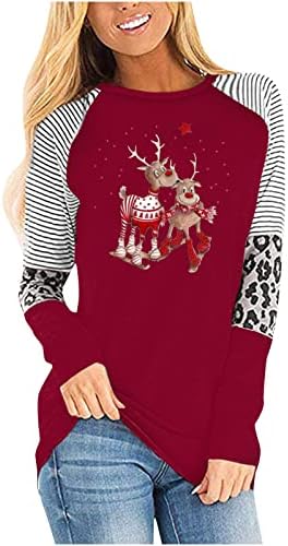 Божиќна кошула жени смешни симпатични Божиќни леопард шарени долги ракави скијачки ирваси двојки маица празник графички мета врвови
