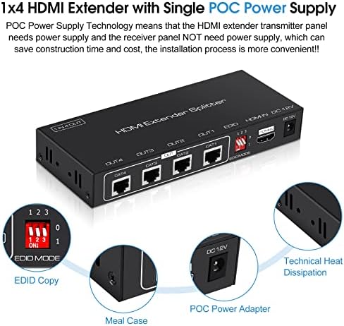 аведио врски 1x4 HDMI Продолжувач Сплитер 165ft, 1080p@60Hz HDMI Екстендер 1 во 4 Надвор НАД МАЧКА 5e/6/7, 4 Порта HDMI Продолжувач
