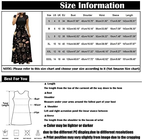 Женски обични фустани на Нокмопо, модни лежерни принтри за Ноќта на вештерките, за печатење на вратот со кратки ракави со голема големина долги фустани