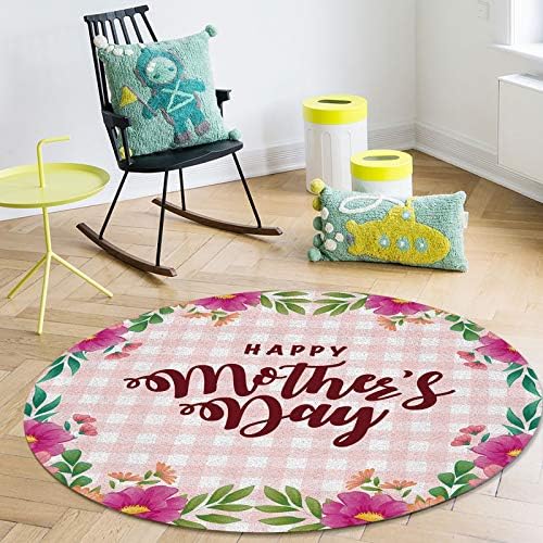 Голем килим за дневна соба за дневна соба, 4-ти килими што не се лизгаат за детска соба, среќни цвеќиња на мајката, розови карирани карирани теписи