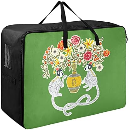 ХУАМА Гроздобер Мајмуни Со Цвеќиња Зелена Облека Со Голем Капацитет &засилувач; Плакар Ватенка Торба За Складирање Со Армирана Рачка