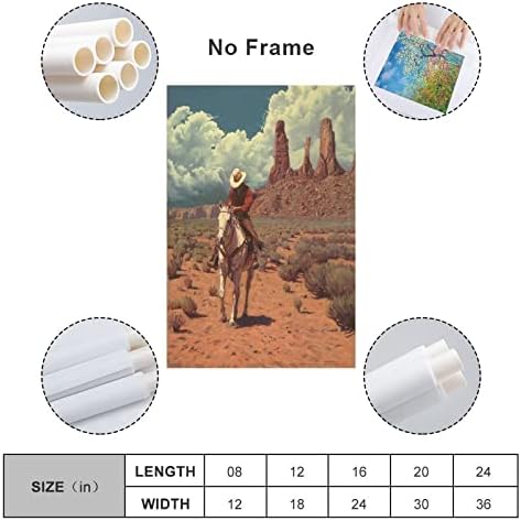 Западен каубој возејќи бел коњ во платформата на платното на диви пустини и печатење на уметноста и wallидна уметност -ид. 16x24inch