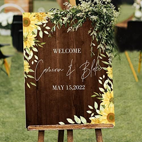 Свадба добредојдени знаци Добредојдовте на нашето свадбено име Датум Датум Фармхаус Вуд свадба, потписник, жолт сончоглед гроздобер кафеава