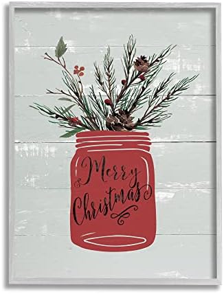 Stuple Industries Red Merry Christmas Country Jar Winter Holly Pine Gream Dramed Wall Art, 11 x 14, сина