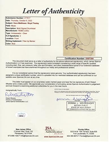 Дејв Метјус и Бојд Тинсли потпишаа Autograph 14 Drumhead - Jamesејмс Спенс Писмо за автентичност JSA COA - Дејв Метјус Бенд, под масата и сонувајќи,