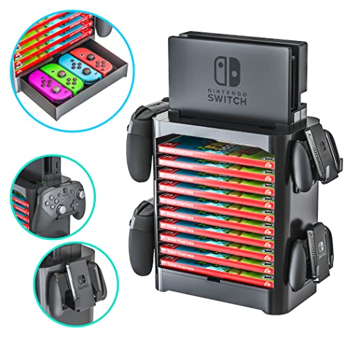 Skywin кула за складирање на игри за Nintendo Switch - Nintendo Switch Holder Game Game Game Disk Rack and Controller Организатор компатибилен со Nintendo Switch и додатоци