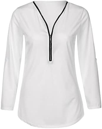 Women'sенски плус големина летни врвови 3/4 ракави цврсти кошули zip v вратот облечен случајна тунична блуза и врвни модни маици