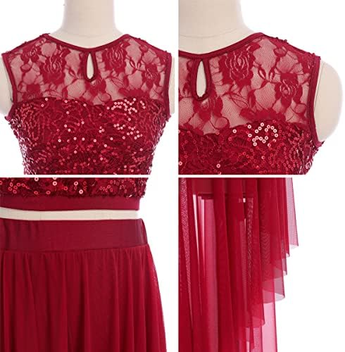 Сјајни sequins без ракави 2 парчиња женски танцувачки фустан цветна чипка мрежа танцување врвот на сплит буле здолниште со шорцеви
