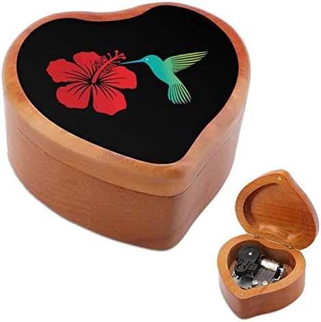 Hummingbird и црвена хибискус цвет дрвена музичка кутија срце форма на срце, ветровито музичко кутија гроздобер дрвена часовна кутија