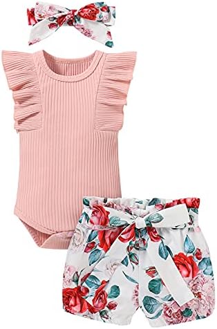 Облека за девојчиња за девојчиња, летни облеки за новороденчиња поставени ропски ракави ромпер цветни панталони 3 парчиња тела