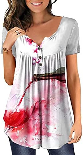 LCEPCY TUNIC врвови за жени низ целата печатена маица против копчето V вратот ги разгали летните летни кошули со кратки ракави за