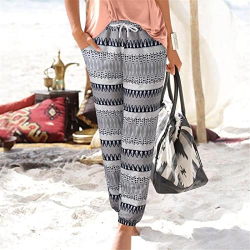 Zdfer жени со високи половини печати панталони Бохо плажа со џебни летни лековити затемнети затегнати хеланки за џемпери