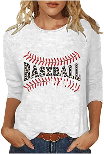 Женски летен бејзбол маички маички трендовски празник графички принт 3/4 ракави врвови обични лабави екипа на вратот Основен мета
