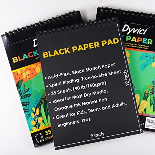 Dyvicl Black Paper Pad 9 X12 Книга за скици, 35 листови, спирална црна скица подлога за цртање за молив, пастел, бело пенкало за гел со мастило,