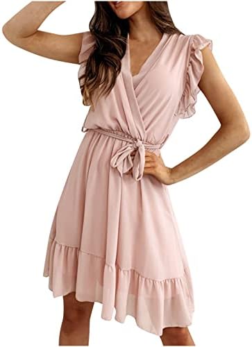 Летен фустан на HCJKDU, летен фустан, обвивка V вратот Широки ленти, без ракави, вратоврски од половината, обичен фустан, проток на