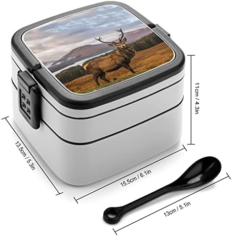 Шкотска кутија за ручек, преносен двослоен бенто кутија, голем капацитет контејнер со контејнер за храна со лажица со лажица