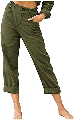 Ruiruilico capris for жени летни постелнини памучни панталони обични еластични високи половини исечени тенок салон плажа панталони со џебови