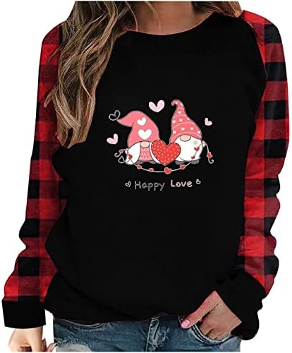 Оплксуо Ден на в Valentубените, џемпер за жени за жени го сакаат срцето Грахички печати пулвер во боја блок карирана долга ракав
