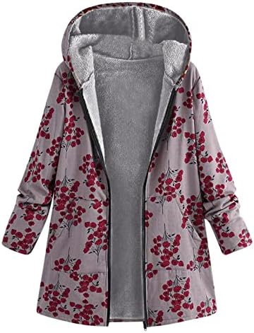 Nokmopo плус големина ров палто дами со долг ракав патент со аспиратор дебел композитен плишен гроздобер цветен печатен качулка јакна
