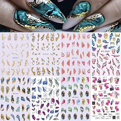 8 листови Француски мермерни нокти налепници Златна фолија Дизајни 3Д само-лекави декорации за нокти со акварел за ореол боење дизајни за украси