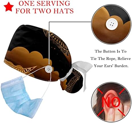 2 пакувања работно капаче со копчиња и вратоврска за ленти за жени, долга коса буфантна капа