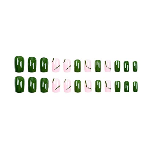 Плоштад Притиснете На Ноктите Краток француски Зелен Бран Бел Раб Лажни Нокти Целосен Капак Совети За Нокти Лажни Нокти За Жени Сјаен