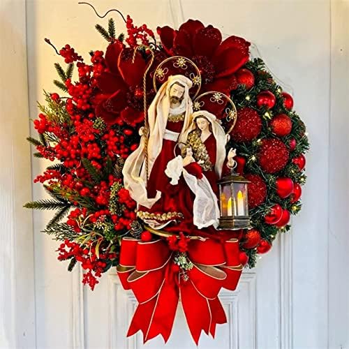 Светиот Божиќен Венец лијанјао Со Светла, Декорација На Божиќен Венец, Ретро Црвен Божиќен Венец со Лак, За Украсување Дворови, Затворен,