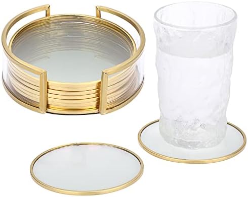 ЏУКСИ Сет од 8 Стаклени Тркалезни Подлоги со Држач, Златни Месинг Подлоги За Пијалоци Стаклени Чаши За Чаши Поставете Модерни Подлоги Чаши Душеци