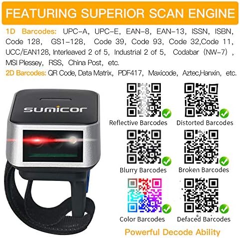 Sumicor Barcode Scanner 2D Bluetooth безжичен ринг -скенери за баркодови, преносни носат мини 1D & 2D Bar Code Code Reader Work со Windows