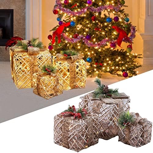 Сет од 3 Божиќни осветлени кутии за подароци претходно осветлени светлосни кутии украси отворено топли бели кутии декорација за затворен божиќен