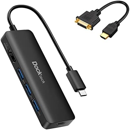 Hub Dockteck USB-C 5-во-1 со 4K 60Hz HDMI, 1Gbps Ethernet, 100W PD, 2 USB 3.0, SD/Micro SD пакет со DMI до DVI краток кабел 0,5ft, CableCreation