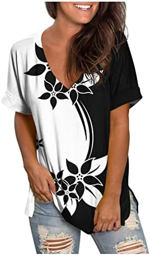 Летни врвови за жени 2023 година Страна на кратки ракави Сплит лабава кошула обична V вратот цветна графичка блуза за тинејџери