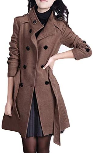 Snksdgm Волна мешавина палто за жени измет лапел елегантна двојна гради волнена волнена средна долга грашок од ровови со палто за