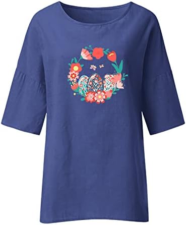 Летни велигденски врвови за жени памучни постелнини обични лабави тунични врвови трендовски цветни блузи 3/4 ракави тенки кошули на Хенли