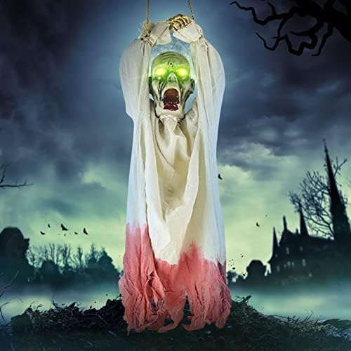 Ноќта на вештерките Анимиран висечки скелет Дух украс, застрашувачки висечки дух со светлина на главата и плашливи звуци за