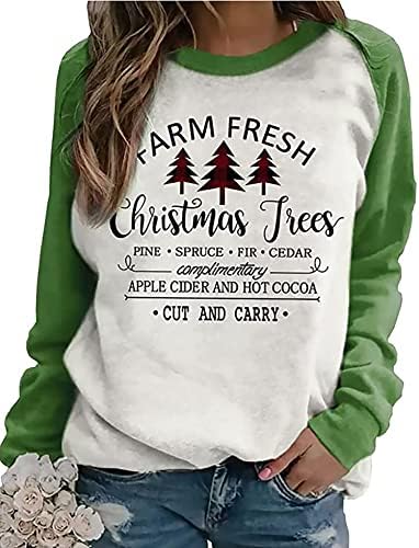 Фарма свежи новогодишни елки со долги ракави кошула за џемпери за жени Среќен Божиќ спојувајќи карирани кошули со пулвер од раглан