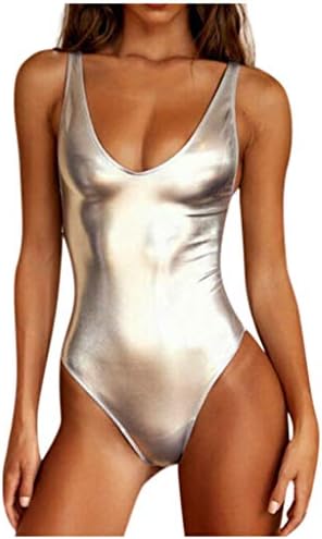 Hot6sl женски костум за капење, едно парче костим за капење жени против вратот сјајна метална метална облека за пливање во стомакот за капење