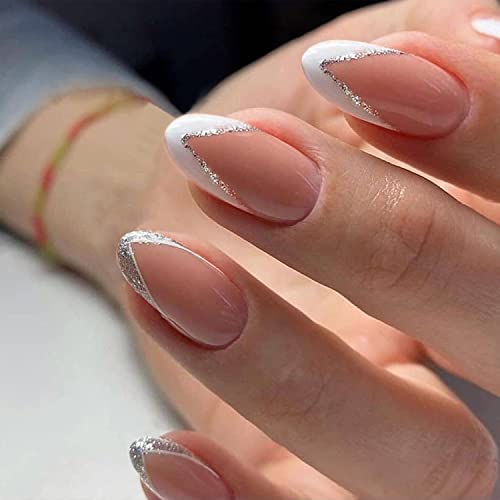DocVoeomh Press On Nails Medion Almd Fake Nails Бели француски врвови нокти голи акрилни нокти целосна покривка Природни лажни