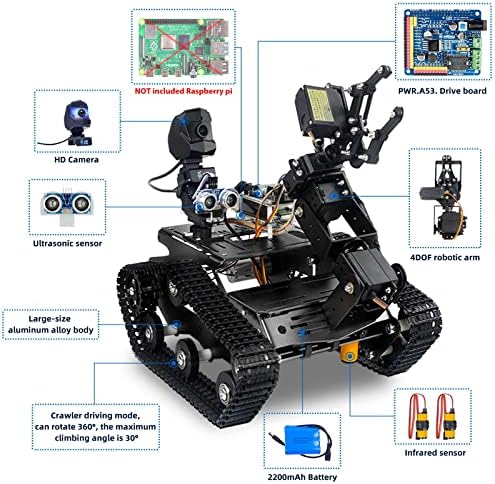 Xiaor Geek Raspberry Pi Smart WiFi Robot Kit, роботски резервоар за шасии роботски комплет за автомобили со 2DOF HD камера за програмибилен