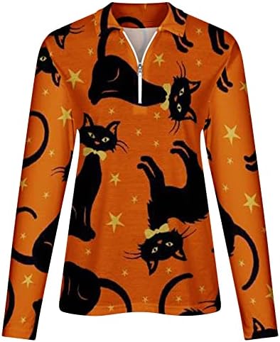 Женски кошули за Ноќта на вештерките со долги ракави кошули смешни мачки тикви графички пуловер трендовски патент против вратот