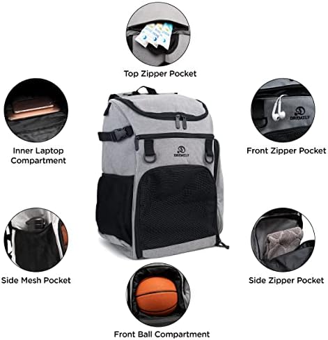Dremzly Large Grey Sports Sports Gym ранец за мажи и жени со топка за кошарка, одбојка, фудбал или рагби